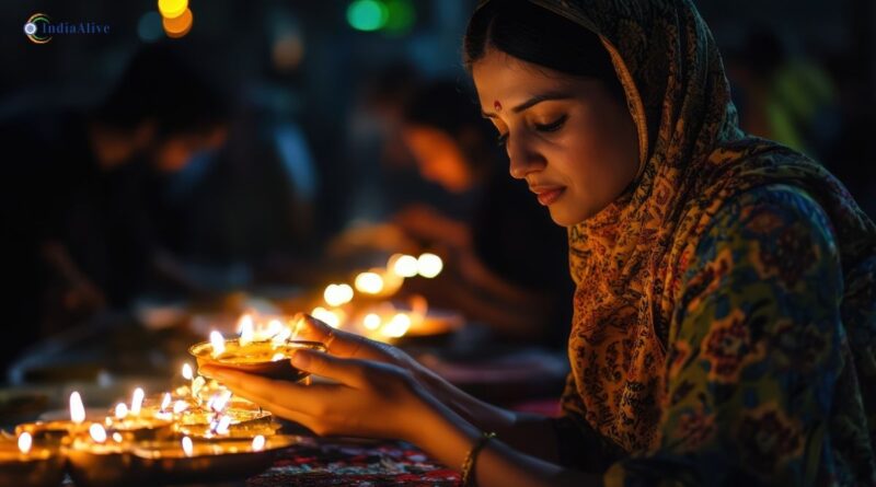 भारतीय समाज में परंपरा और आधुनिकता के बीच संतुलन को दर्शाती महिला दीप प्रज्वलन करती हुई