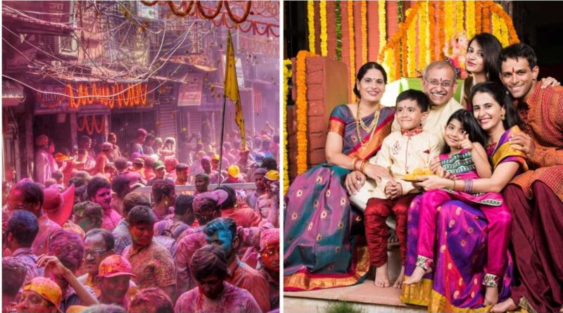 भारतीय त्योहारों में रंगों की होली और परिवार के साथ उत्सव मनाते लोग, जो सामाजिक एकता और सांस्कृतिक विविधता को दर्शाते हैं