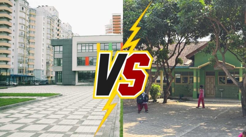 सरकारी स्कूल और निजी स्कूल के बीच अंतर दिखाता चित्र, जो भारत में शिक्षा की गुणवत्ता और समानता की बहस को दर्शाता है